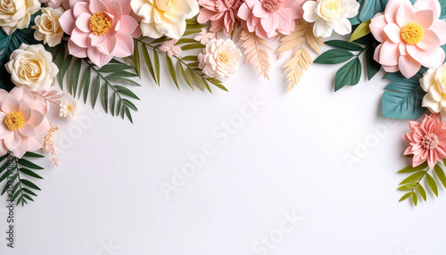 a decorative, floral design element with a semi circular shape that includes flowers of various colors such as pink, white, and yellow, set against a white background that resembles a paper texture
