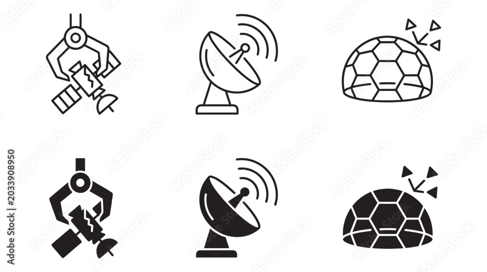 Fototapeta premium Space and robotics technology icon set with satellite robotics technology engineering industry automation