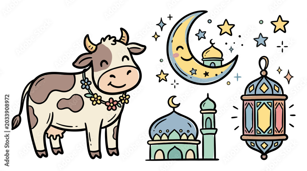 Fototapeta premium Whimsical night scene featuring a cheerful cow adorned with floral accessories surrounded by a crescent moon and colorful