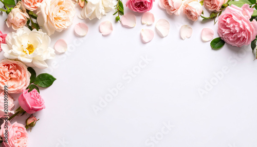 a beautifully arranged bouquet of flowers resting on a white surface with petals scattered around it.