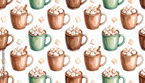 a pattern consisting of illustrated coffee cups and marshmallows, designed to resemble a collection of mugs filled with hot beverages and marshmallows, suggesting a theme of warm drinks and sweet trea