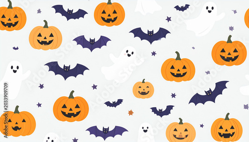 a festive halloween theme with multiple bat silhouettes flying across a night sky backdrop, overlaid with a pattern of jack o' lanterns in various sizes and orientations