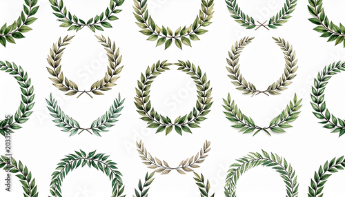 a repeating pattern that features laurel wreaths. each laurel is composed of green leaves, with small sprigs of white foliage adding an additional layer of detail