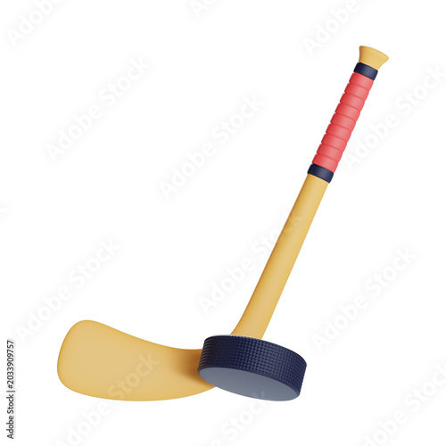 Photography 3D render of a hockey stick and puck arranged diagonally, isolated on a light background with a clean and modern ice hockey sports equipment design