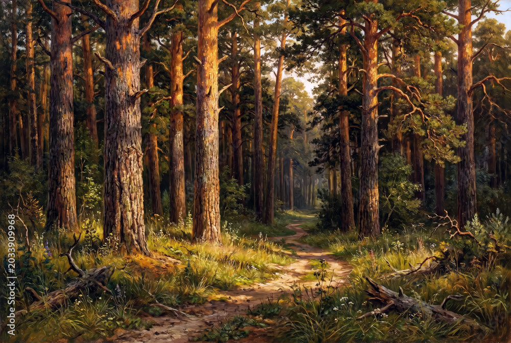 Obraz premium Sunlit pine forest with tall trunks, winding dirt path, grassy foreground, wildflowers and fallen logs, golden dappled light, deep woodland background tranquil nature atmosphere