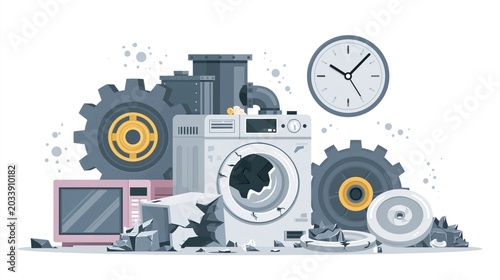 Planned Obsolescence with Broken Appliances. Obsolescence through broken home electronics, industrial gear, and clock, emphasizing limited product lifespan and repair challenges. Vector illustration