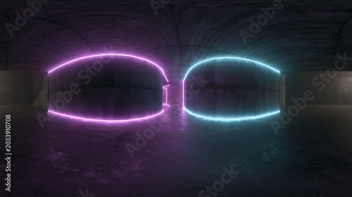 Neon club. Futuristic room virtual reality map. Spherical hdri panorama 360 degrees in the interior of a dark garage, warehouse, corridor. Interior of a concrete exhibition hall, panorama 3d render