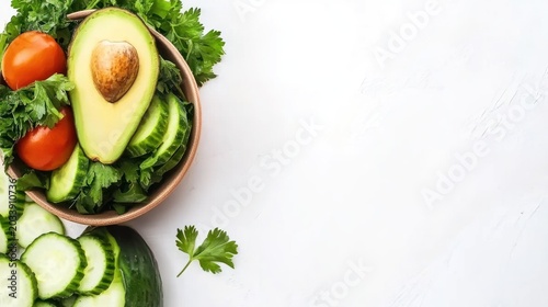 Freshly sliced avocado, cucumbers, and tomatoes in a bowl.