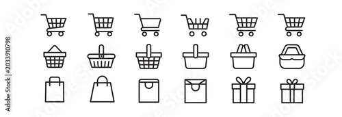 Set of shopping cart and basket line icons for e-commerce and retail design projects