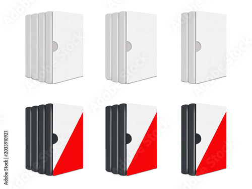 Multiple volume Book set in box packaging. Four, three, two hardcover volumes. Realistic 3d vector mockup. White blank closed hard cover books in slipcase. Easy editable mock-up. Template for design