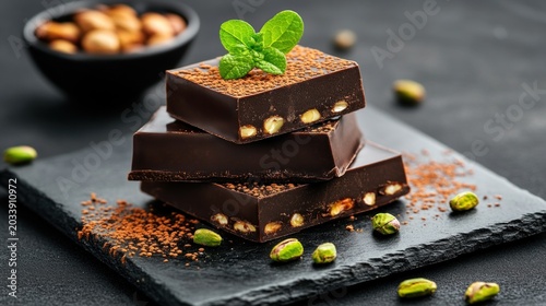 Dark chocolate bars with pistachios and cocoa powder.