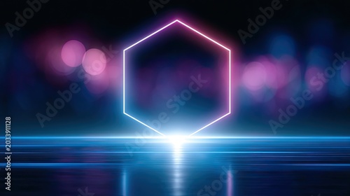 Neon hexagon illuminated from below, against a bokeh background of blue and pink