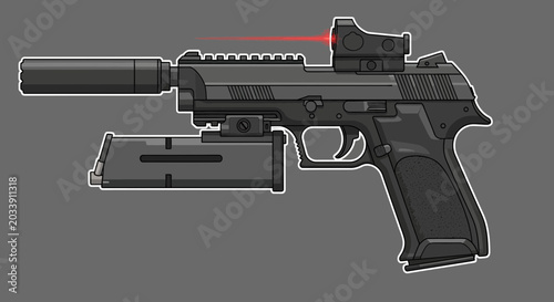 Bilde på lerret Modern Tactical Pistol with Suppressor and Laser Sight Vector Illustration