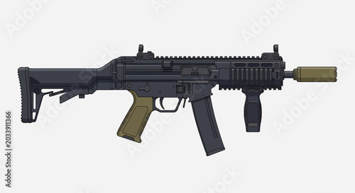 Fotografi Compact Tactical Assault Rifle with Suppressor Vector Illustration Isolated on W