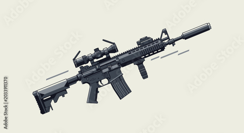 Φωτογραφία Modern Tactical Assault Rifle with Scope and Suppressor Vector Illustration