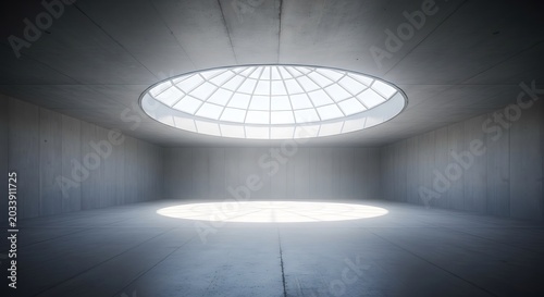 Empty square room with Unfurnished spacious concrete interior with round glass ceiling