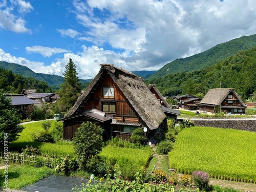 Foto Traditional Gassho-zukuri Farmhouses in Shirakawa-go Village, Gifu Japan with Gr