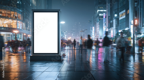 Blank vertical billboard mockup on a wet city street sidewalk at night with blurred people walking by and glowing neon city lights.