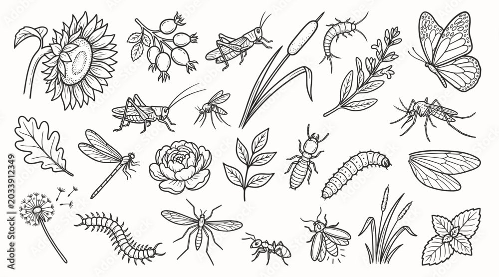 Fototapeta premium Various insects with wild herbs and flowers black white vector set. Hand drawn sketch of different bugs, butterflies and meadow plants for natural design. Outline drawing flora and fauna objects.
