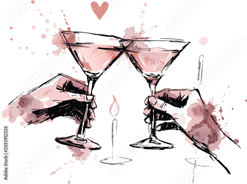 Foto Vintage martini toast sketch with hands cheering cocktail glasses illustration