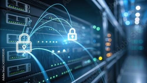Digital data security concept with server racks and padlock icons representing encrypted personal data flow