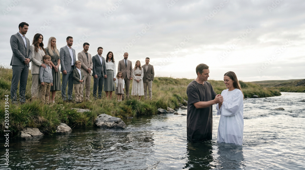 Fototapeta premium A crowd of baptism attendees stands at the edge of a river in rural countryside, pastor waist-deep in water, overcast sky giving the scene a 3
