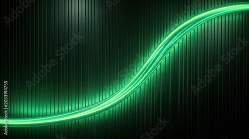 Abstract green neon wave on dark vertical striped background.