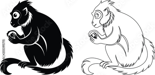 Foto Black and white of a monkey sitting and holding a round in its hands primate ani