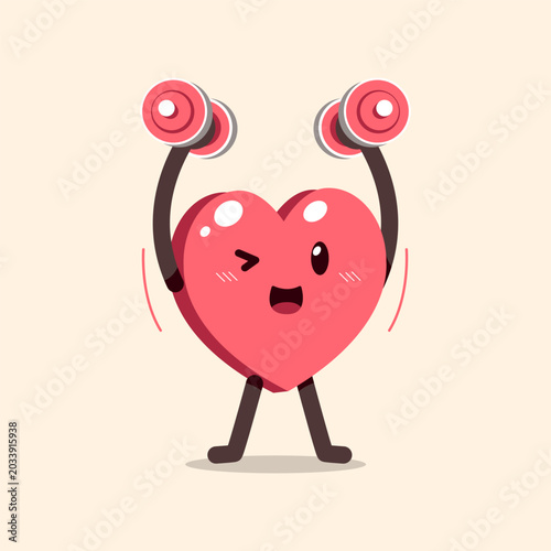 Cute heart character lifting dumbbells cartoon vector illustration