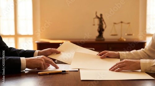 Two people reviewing legal documents on a wooden desk in an office setting.