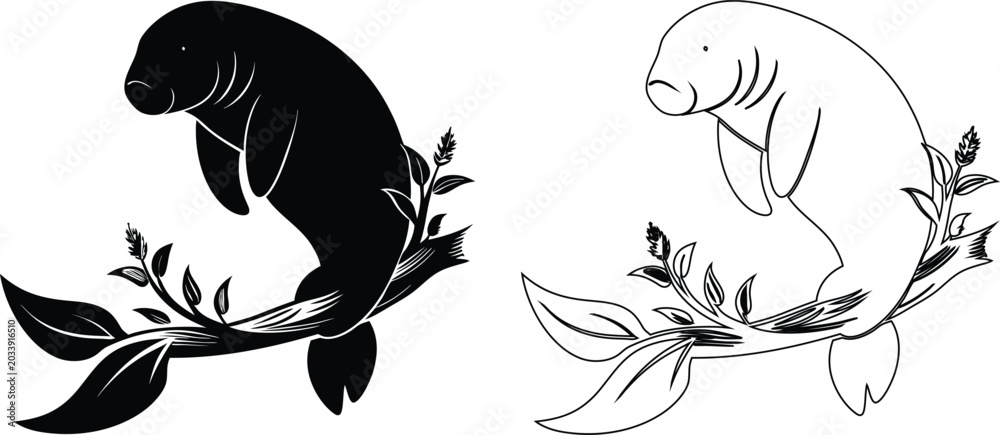 Obraz premium Manatee silhouette and outline with aquatic plants sea cow marine mammal