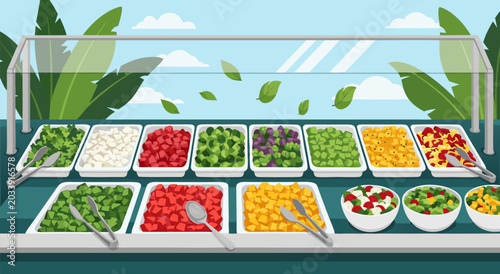 Bild auf Leinwand Colorful Salad Bar Buffet Vector Illustration with Fresh Ingredients and Utensil
