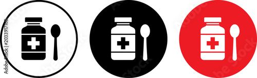 Bild auf Leinwand Medicine bottle and spoon icon set