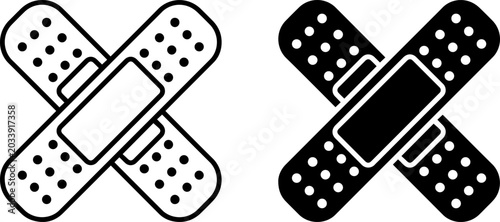 Two adhesive bandages in cross shape, outline and solid icons