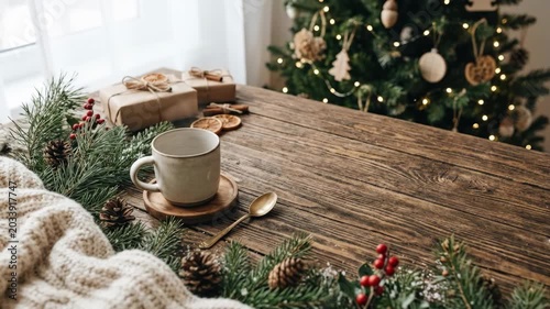 Winter seasonal tabletop with clear copy space, cozy holiday mockup for festive products, alpine travel campaigns and home comfort branding, inspired by christmas wooden table and tree, warm authentic