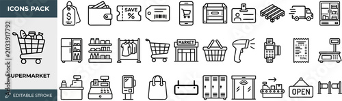 Supermarket and Retail Store outline icon set. Featuring cart, basket, barcode, scale, and shelf symbols. Editable stroke vector icons for retail POS system and grocery shopping app.