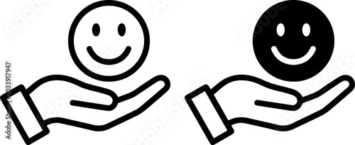 Schilderij op canvas Hand holding a smiley face icon, customer satisfaction concept