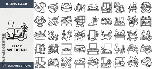 Photos Cozy Weekend and Relaxing Home outline icon set