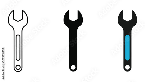 Fotografie Set of three adjustable wrench icons featuring minimalist outline solid black an