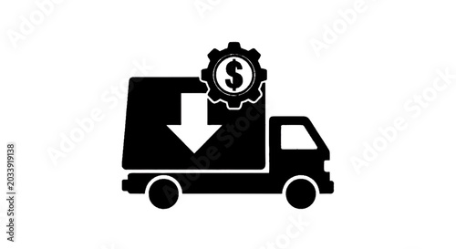 Minimal black silhouette icon, simple flat vector, bold black shape, no, no shading delivery truck icon with dollar sign gear symbol for logistics cost reduction on a, flat icon style