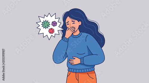 Photos Woman feeling unwell with germs around her, concept of illness