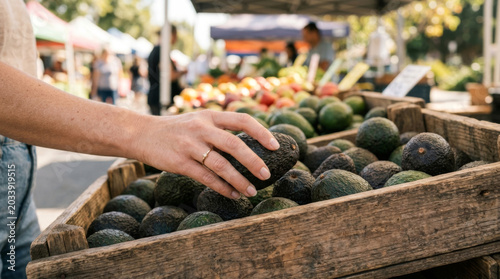 A woman’s hand reaches for a ripe avocado at a vibrant farmer's market, filled with fresh produce and colorful stalls.