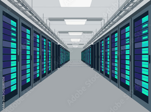 Fotografie A long, brightly lit server room stretches into the distance, showcasing rows of modern server racks