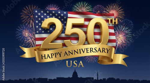 America 250 th anniversary banner USA flag fireworks gold number ribbon celebration. Fourth july independence freedom. american united state us, patriotic anniversary celebration