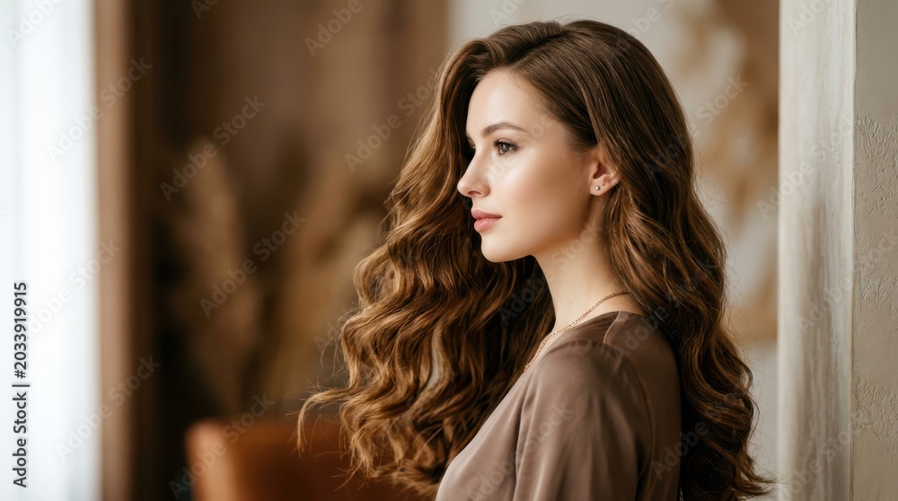 Fototapeta premium Portrait of a beautiful young woman with long wavy brown hair