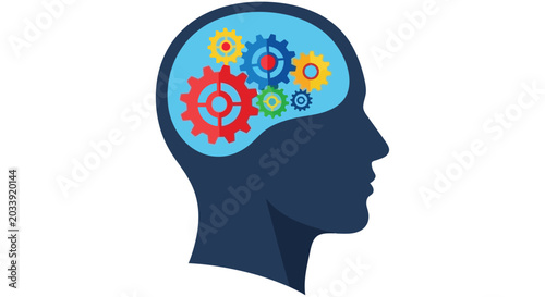 Human head silhouette containing colorful gears representing cognitive function