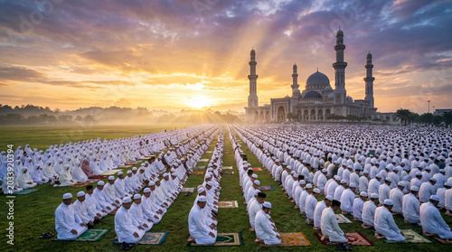 Muslim congregational Eid al-Adha prayer on green field at sunrise with grand mosque background