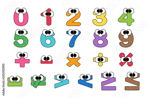 Set of Kawaii Number and Math Sign Cartoon Style