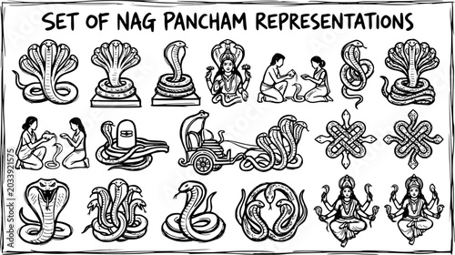 Foto Nag Panchami Hindu Festival Snake Worship: Black  White Line Art Illustrations S