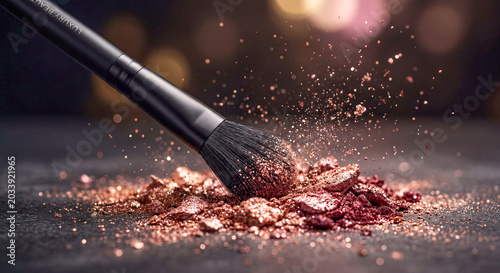 Professional makeup brush applying cosmetic powder or crushed blush with a dynamic splash on a dark background, beauty industry and makeup artist concept